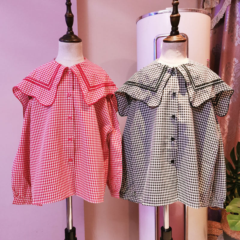 Children's clothing 2022 new autumn shirt girls Korean version short plaid shirt children's foreign style navy collar clothes