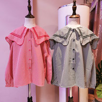 Childrens clothing 2021 New autumn clothing Lining Girls Korean version Short-style Plaid Shirt Children Foreign Air Navy Collar Clothes
