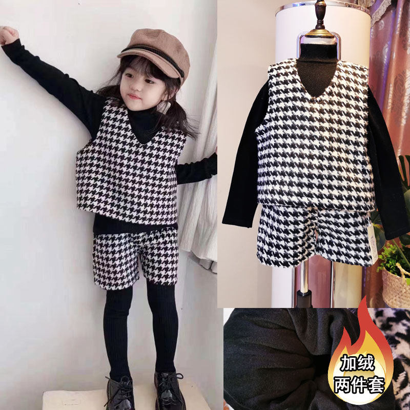 Girls black and white plaid plus velvet suit baby girl thick autumn and winter clothes children's Western style small fragrant style houndstooth two-piece suit
