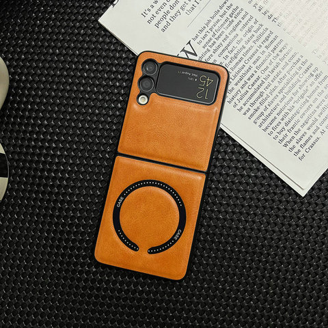 Light brown — Z Flip4, Z Flip3 Leather High End Premium Wireless Charging Compatible Samsung Phone Case