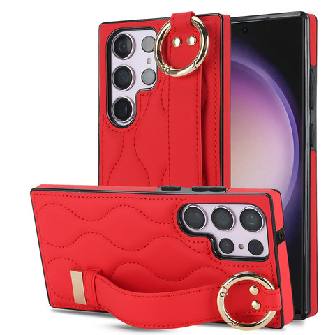Red — New Quilted Leather Hand Band Strap Kickstand Function S23, S23 Plus, S23 Ultra, S22, S22 Plus, S22 Ultra, Note 20