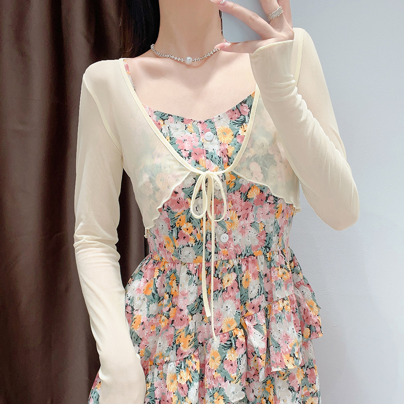 Sheer Mesh Sun Protection Shawl for Women, Short Long-Sleeved Cardigan, Summer Slip Dress Outerwear, Thin Ice Silk Cover-Up