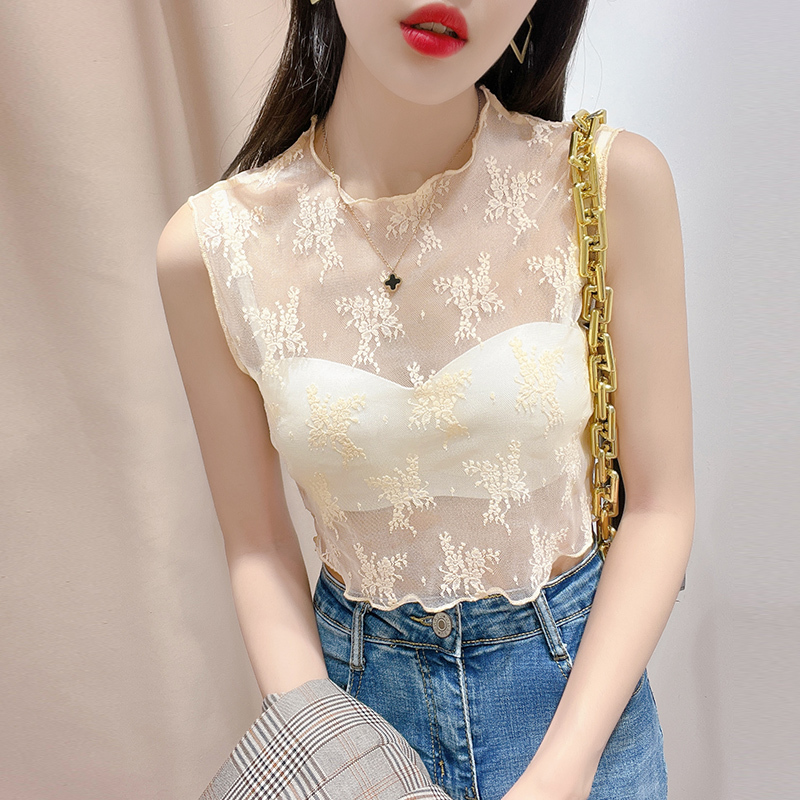 Short Lace Base Shirt for Women, Spring and Autumn Sweater Inner Layer, Fake Collar Sleeveless Vest, Soft Gauze Shirt, Hollow Mesh Top