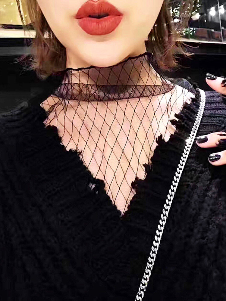 Spring and Autumn T-shirt with mesh base shirt women's 2020 black perspective thin lace gauze transparent mesh top