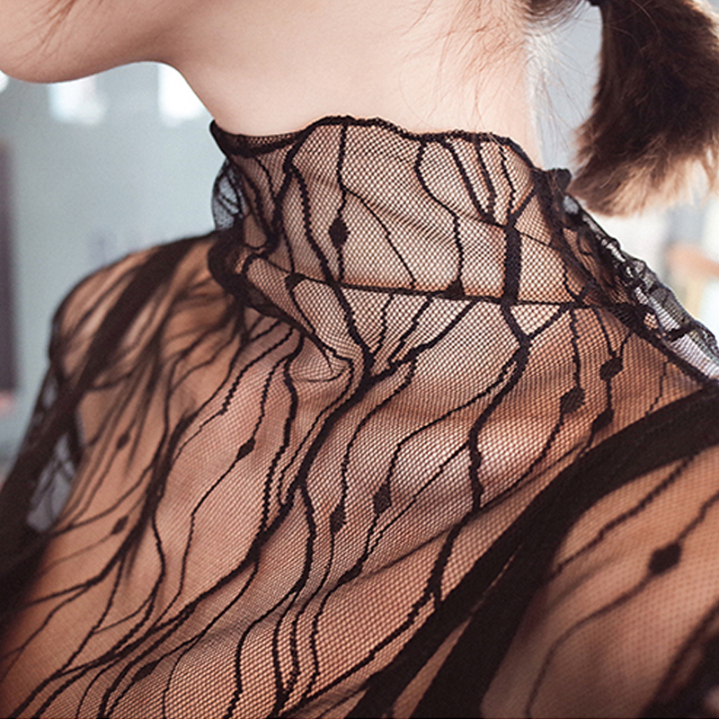 See-through sexy inner mesh base shirt Women's thin spring and Autumn tight transparent tulle turtleneck yarn lace top