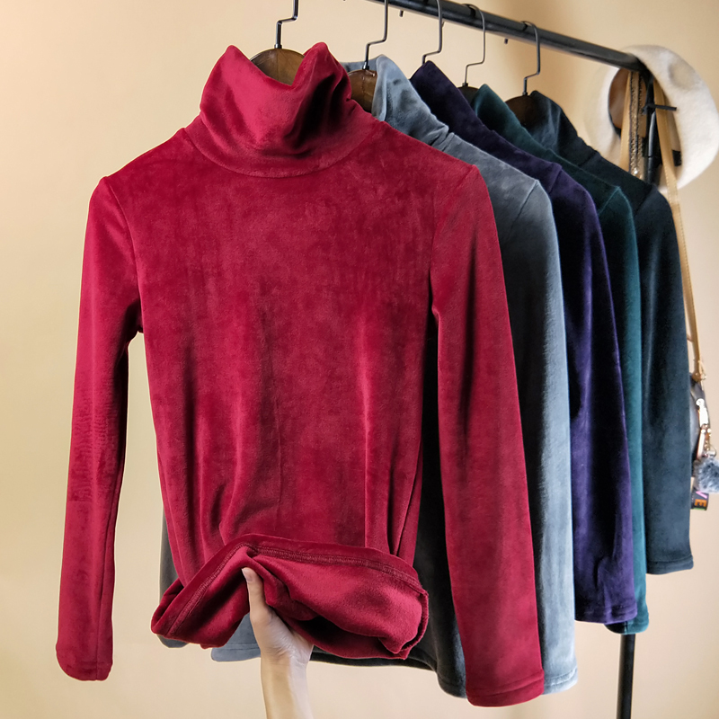 Gold velvet base shirt women's Western style wild slim fit autumn and winter velvet thickened turtleneck large size inner warm top winter