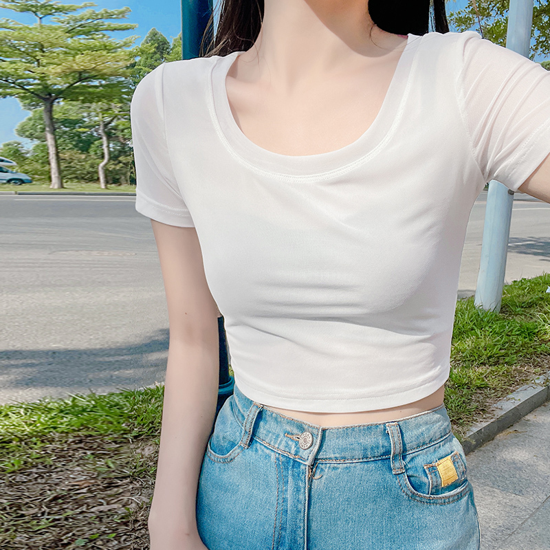 Half-Length Ice Silk Mesh Base Shirt for Women, Summer Thin Camisole Dress Inner Layer, Short-Sleeved T-Shirt, White Short Lace Top Half-Length Ice Silk Mesh Base Shirt for Women, Summer Thin Camisole Dress Inner Layer, Short-Sleeved T-Shirt, White Short Lace Top