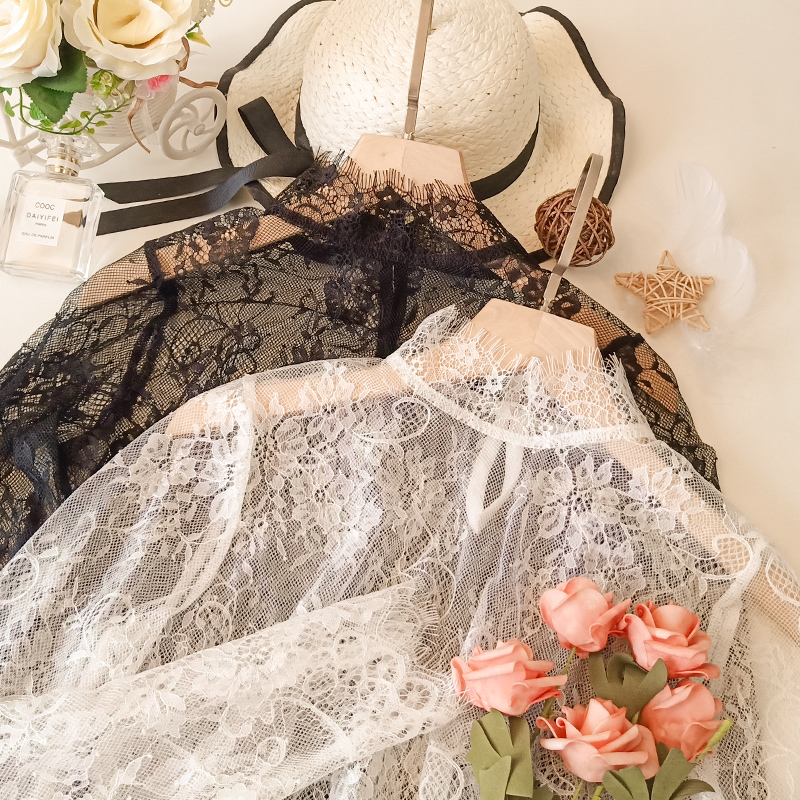 Tight lace base shirt Women's long-sleeved large size yarn clothes with mesh transparent fairy top women's perspective temperament