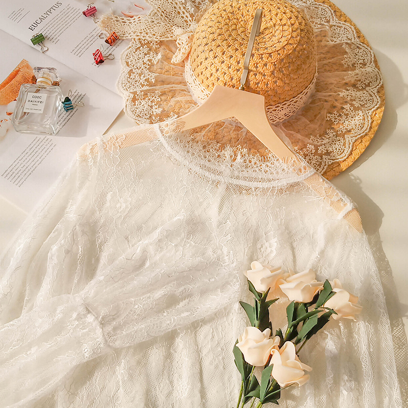 Spring and Autumn women's clothing 2021 new women's flared sleeves long sleeves white mesh top with hollow lace base shirt