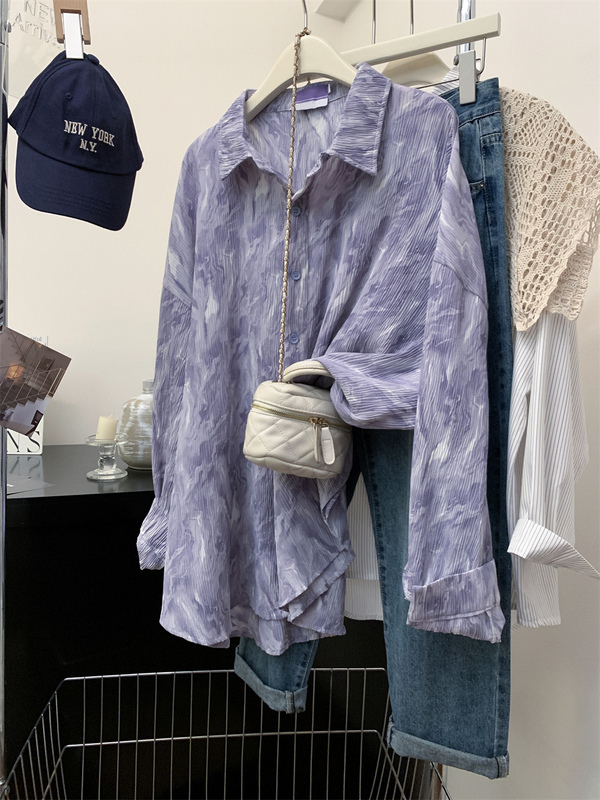Fat Sister's High-End Tie-Dye Purple Polo Collar Long-Sleeved Shirt Jacket for Women, Spring and Autum New Chiffon Shirt