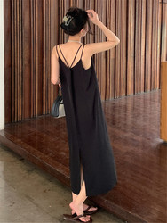 Fat sister summer suspender dress women's loose inner layer vacation bottoming V-neck chiffon slit vest long skirt