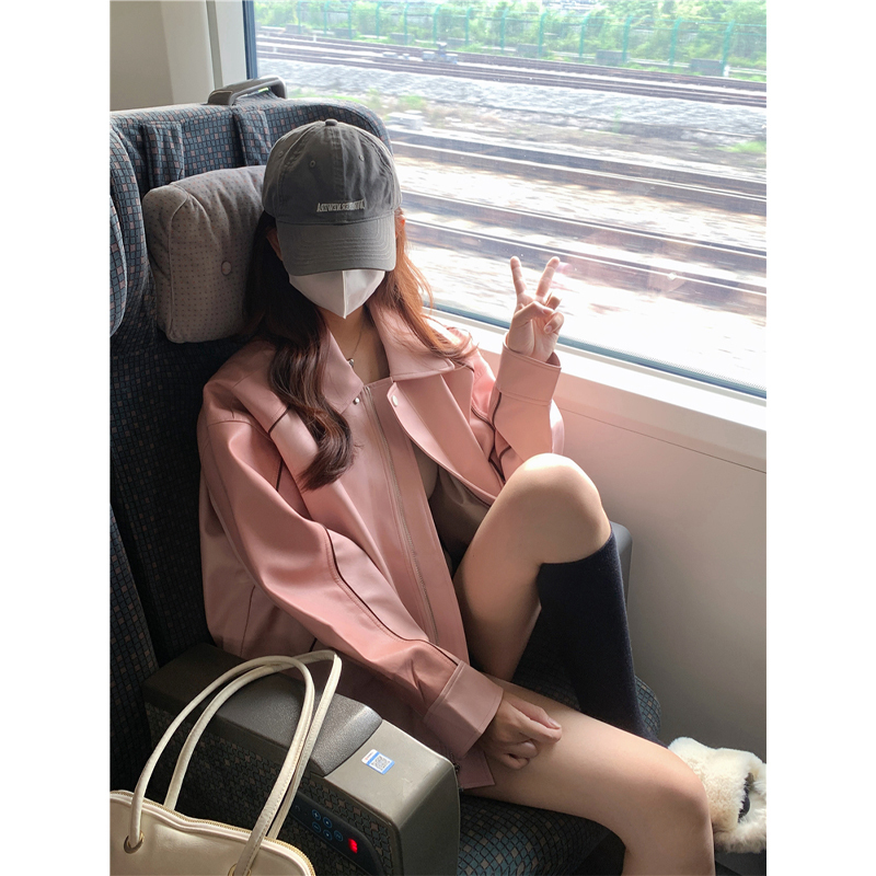 Plus-Size Women's Pink Motorcycle Leather Jacket, Spring and Autumn 2026 New Pu Leather Jacket, Baseball Jacket Top