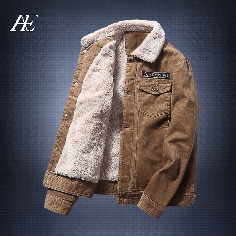 Corduroy jacket men's winter cotton jacket plus velvet padded cotton jacket imitation lamb wool collar cotton jacket men's clothing