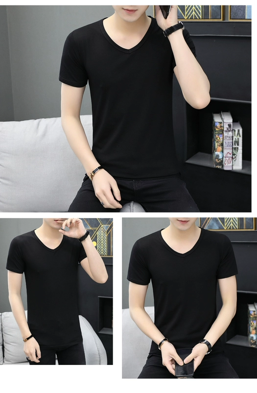 Áo thun nam mùa hè màu đen thuần khiết tay áo ngắn cotton đẫm máu - Áo phông dài