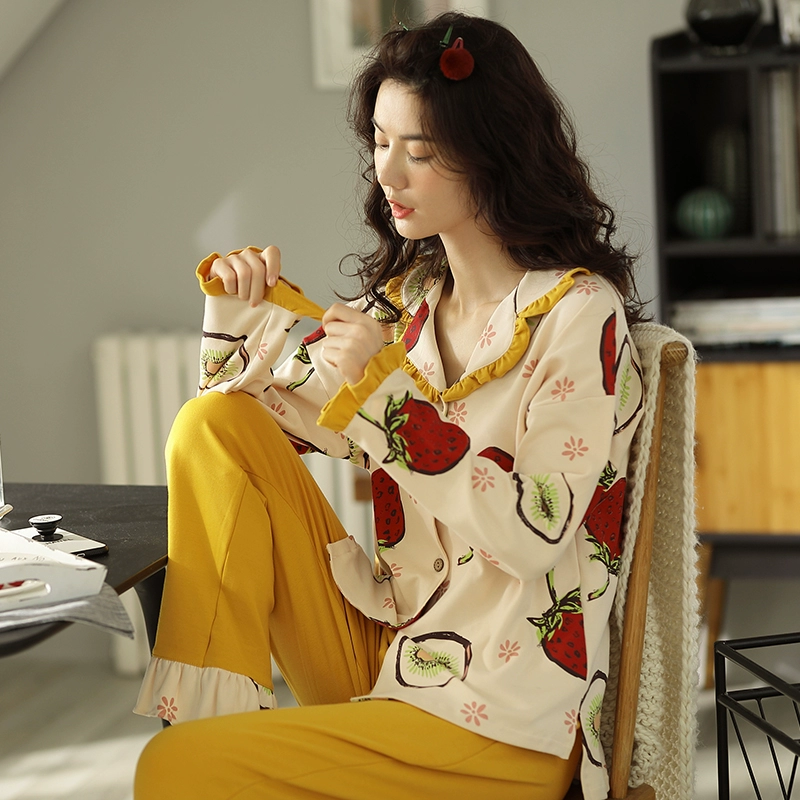 Áo ngủ nữ mùa xuân và mùa thu cotton dài tay cardigan - Nam giới