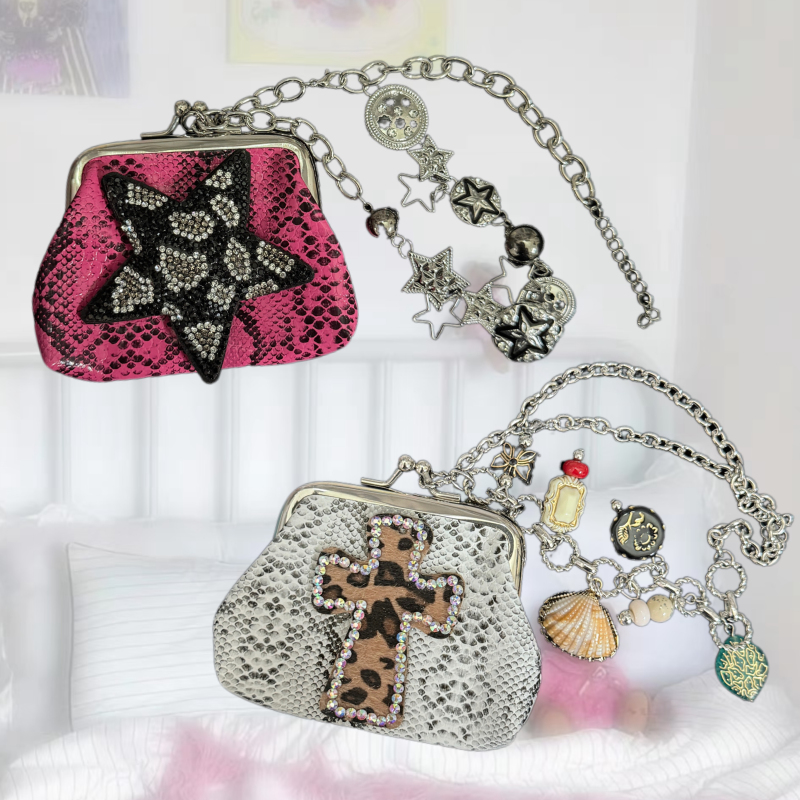 Southern Bag House Original Y2K Millennial Hot Girl Cross Kitty Full Rhinestone Snakeskin Pattern Coin Purse Vintage Pendant for Women