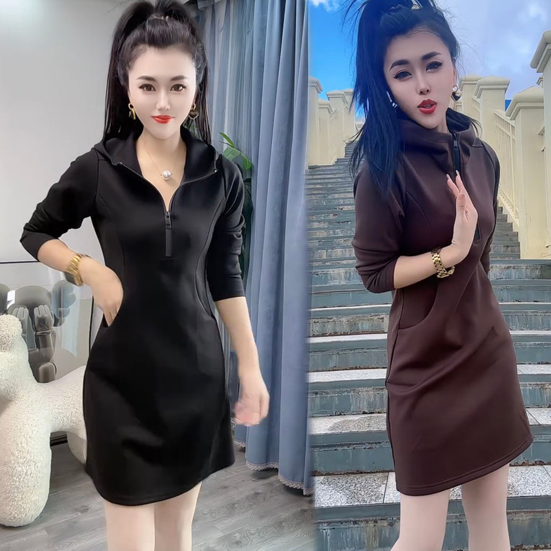 Trendy and Fashionable Dress for Women, New Spring and Autumn Style, Versatile, Slimming, Half-Zip Hooded Long-Sleeve Sweatshirt Dress