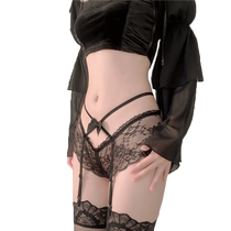 Sexy flavored hollowed-out seductive lace lace lace cross fine waist hanging socks with bowtie lady low waist clairvoyant underpants