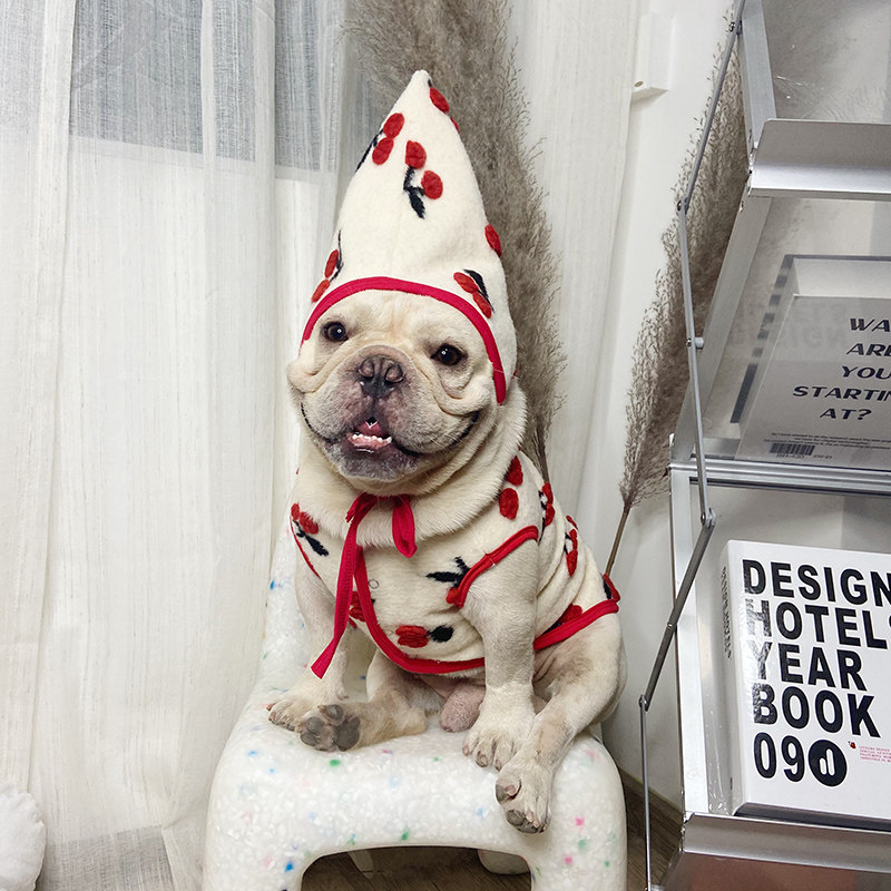 Christmas dog clothes French fighting autumn and winter warm cute cherry hat pug small dog Bichon pet clothing