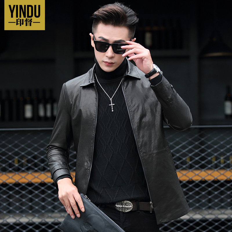Yin Du Haining New Fall/Winter Men's Sheepskin Lapel Long Leather Slim Leather Jacket Leather Coat