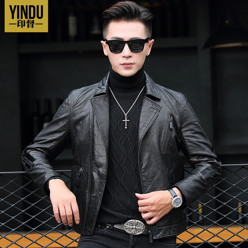 Henning men's suit collar Locomotive Leather leather clothing Male sheep leather Short and thin leather jacket Monolayer Leather Jacket Tide