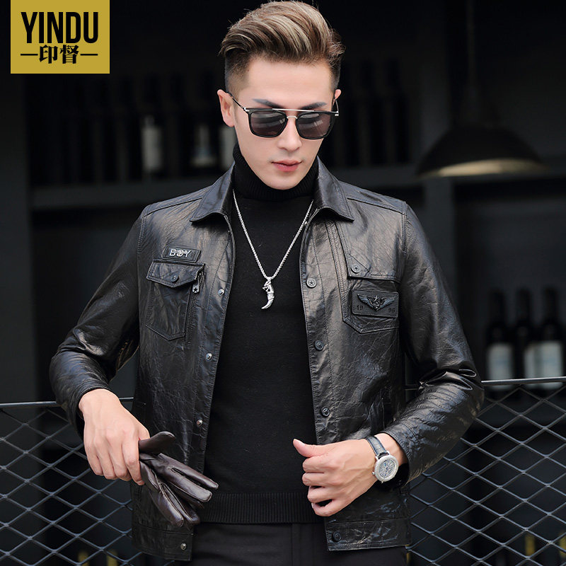 Henning Fall New Collar Locomotive Leather Jacket Short oil wax genuine leather leather clothing male clothing Sheep Leather single leather Outer cover