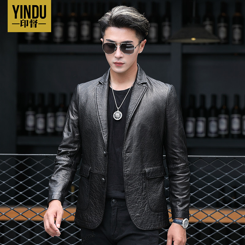 Fall Hainen fur coat men's leather uptight suit collar leather jacket sheep leather medium long version of soft leather jacket Piscey clothing