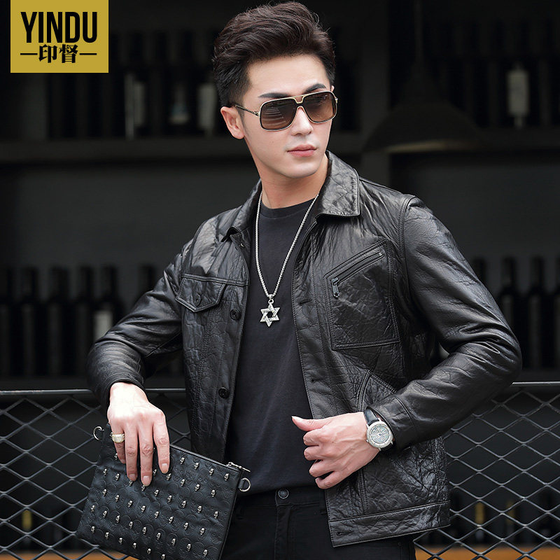 Spring and Autumn Haining Short Painting Sheep Leather Fur Clothes Men to Lead Renaissance Fashion Thin Pen Jacket