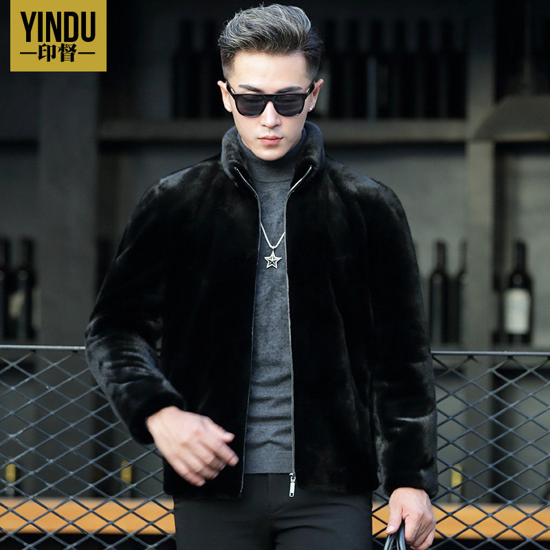 Winter Henning Leather Grass Men's Imported Water Mink Fur Whole Mink Collar Leather Jacket Handsome Leather Jacket Handsome Fur Coat Jacket