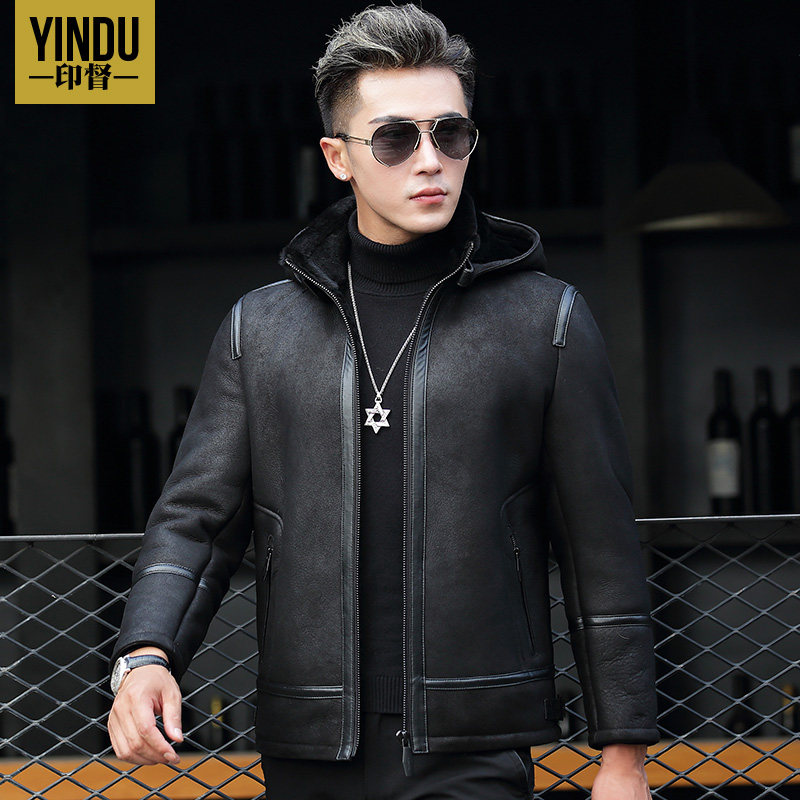 Winter dermis fur coat men's clothing Lianhood fur jacket Short-cut casual thickening original eco-fur integrated leather jacket