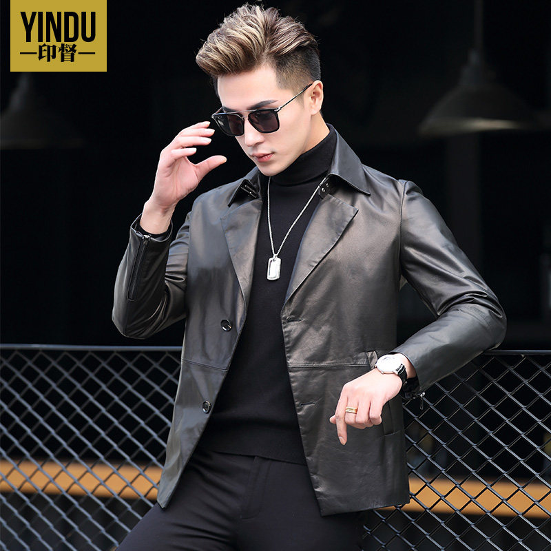 Henning Genuine Leather Suit Men's Mountain Goat Leather Collar Leather Upturned Real Leather Suit Men's Leather Suit Slim Fit Leather Jacket Casual Jacket