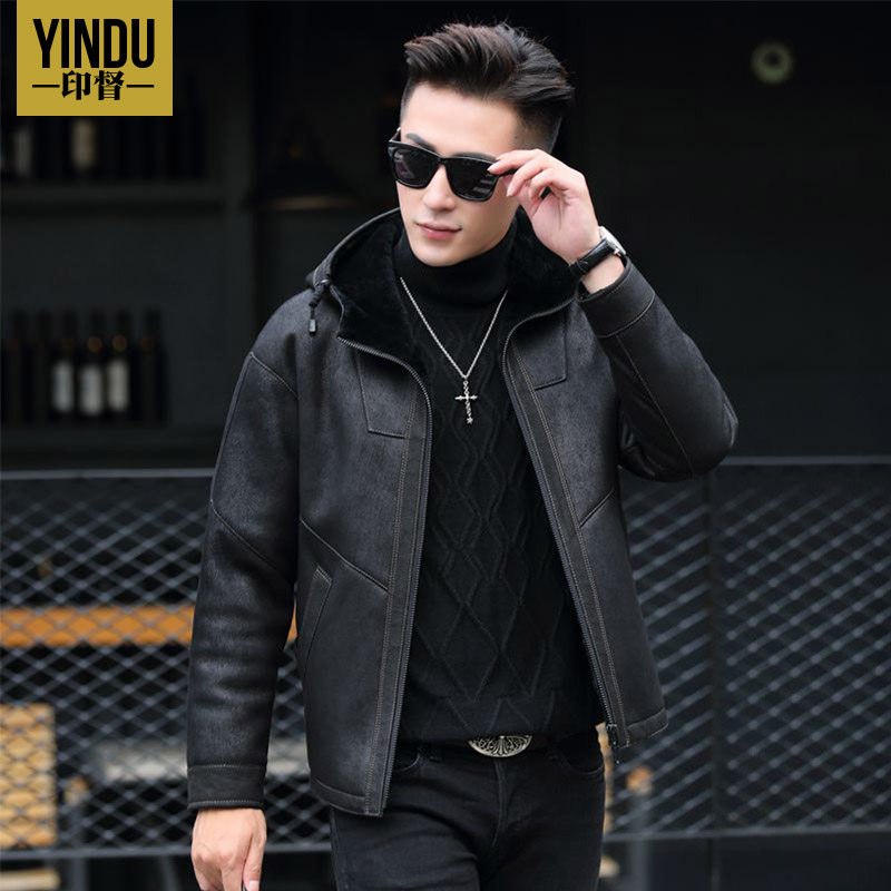 Prefect winter original eco-fur integrated men's leather leather clothing with cap short, body leather jacket thickened jacket tide