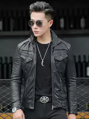 Autumn and winter Haining leather men's vegetable tanned sheepskin short slim stand-up collar motorcycle leather jacket leather thin jacket