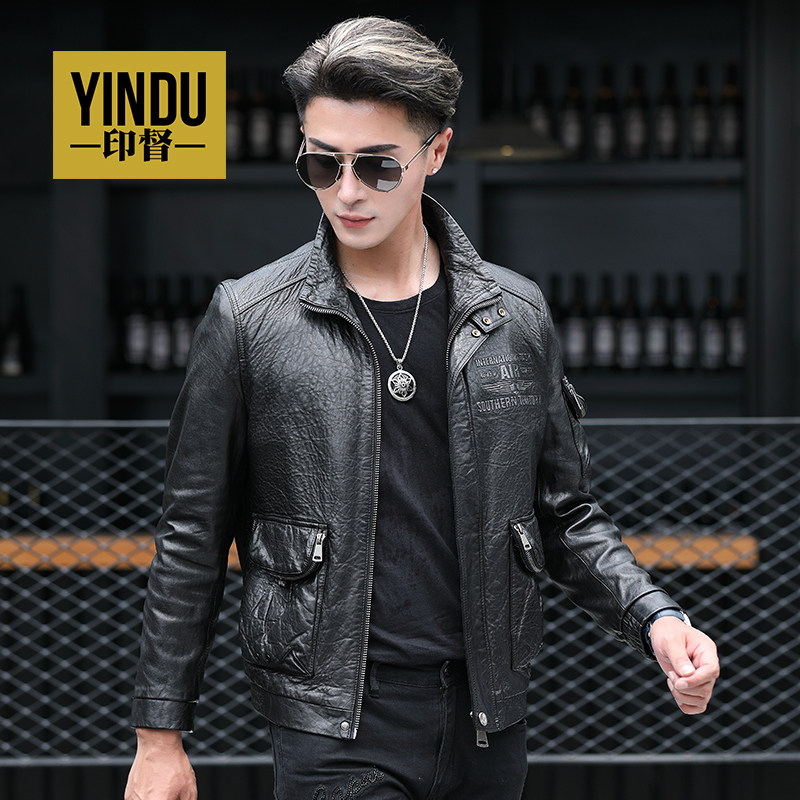 Autumn Haining retro leather jacket stand collar short motorcycle leather jacket men's leather jacket flight jacket soft leather trend