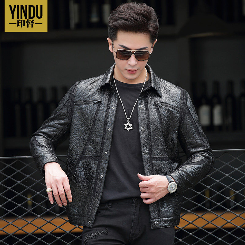 Broken code spring and autumn Haining Leather City men's lapel leather jacket men's short motorcycle leather goatskin coat