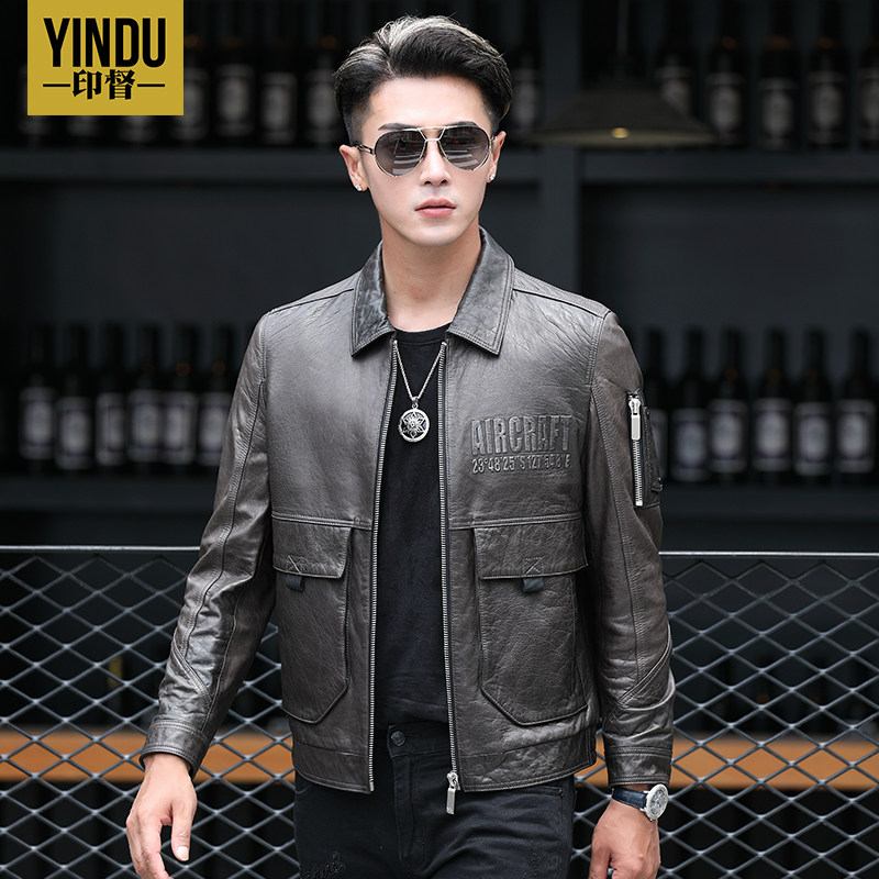 Henning genuine leather fur coat men's short section turnover handsome oil wax sheep leather Outer cover Vintage Leather Jacket Flight Jacket Tide