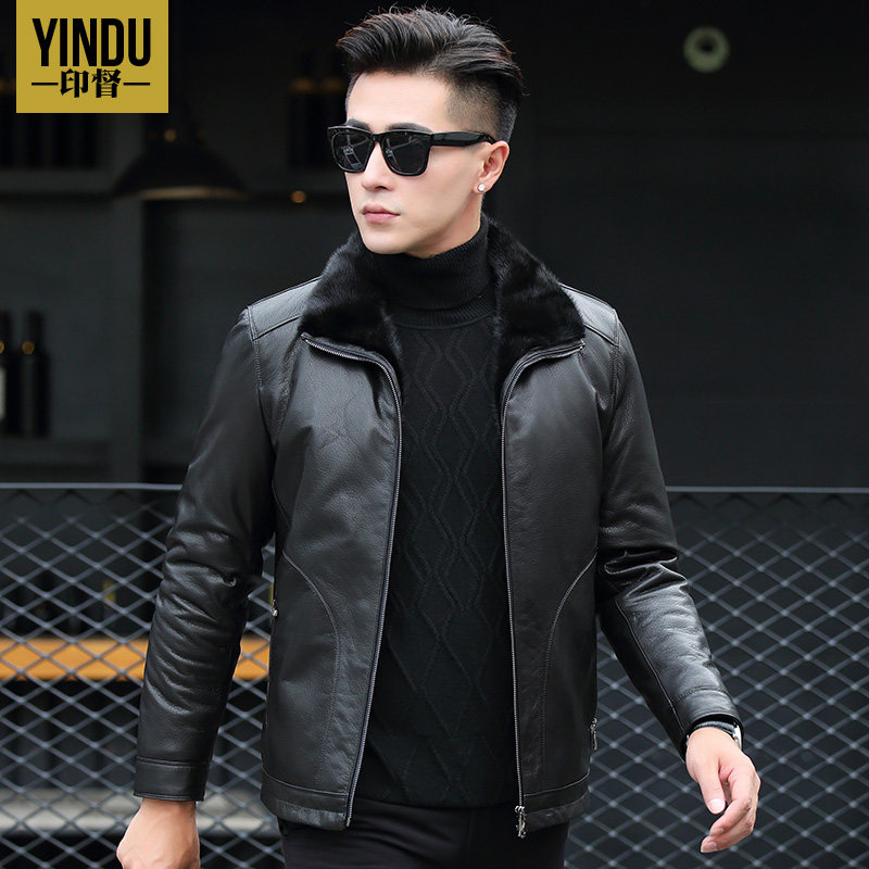 Winter thickened Haining genuine leather jacket men's stand collar short mink fur inner bile leather jacket cowhide mink jacket