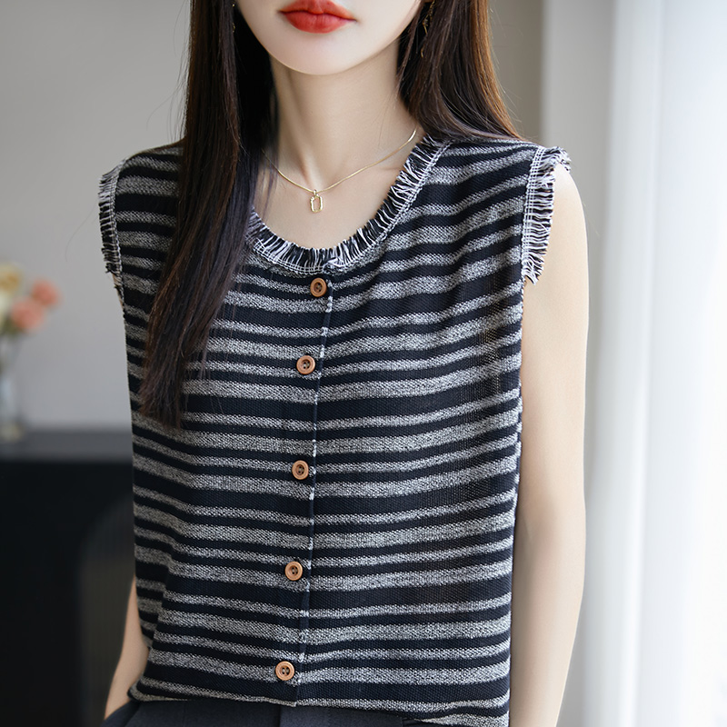 レトロなタッセルの起毛ストライプ柄Tシャツベスト（レディース、夏用）、ゆったりスリム、コントラストカラーのニットベスト、ノースリーブトップス