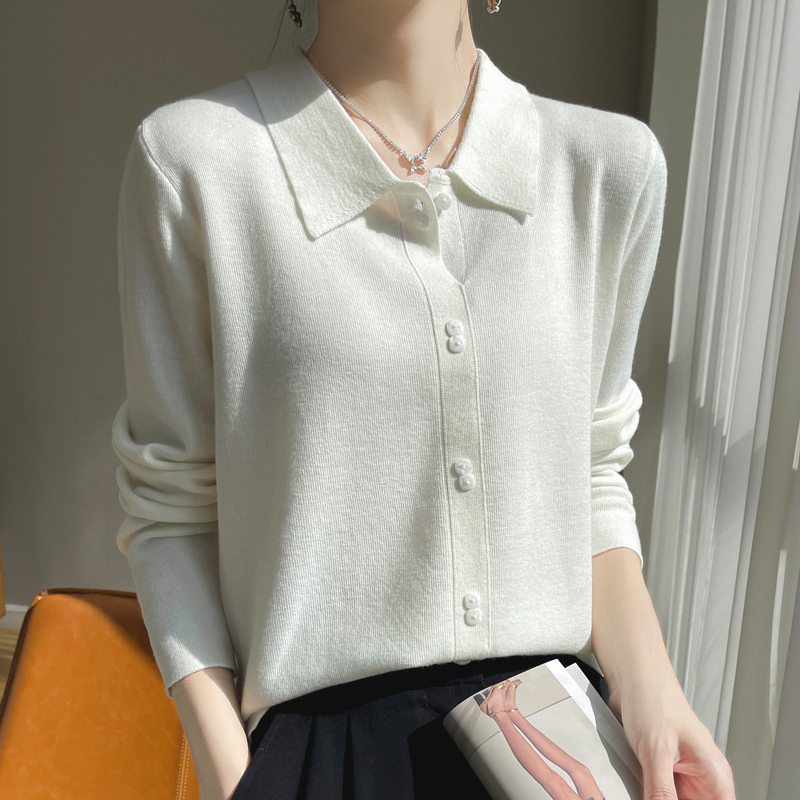 Light Luxury Soft and Cozy Polo Collar Base Shirt for Women, Fine Wool Long-Sleeve Autumn and Winter Professional Inner Wear, Collared Knit Sweater