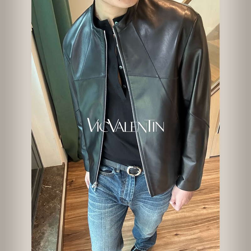 Vicvalentin | Sharp and Elegant Uncoated Lambskin Multi-Panel Structure Short Leather Jacket