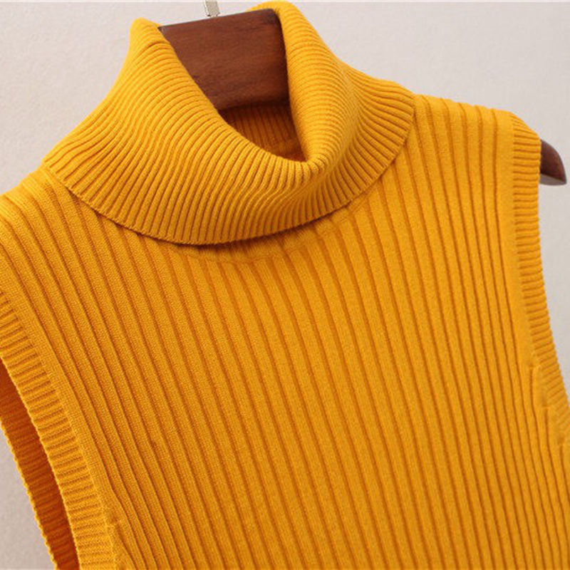 Sleeveless Turtleneck Knit Vest for Women, Spring, Autumn, and Winter, Thickened, Slim Fit, Short Ribbed Elastic Solid Color Base Shirt