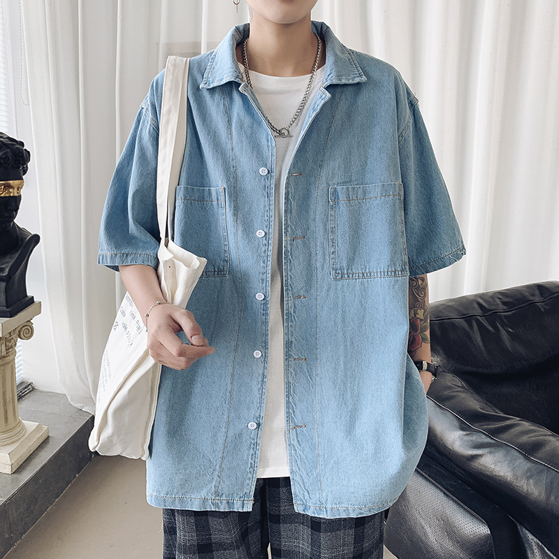 Denim ngắn tay áo sơ mi nam áo sơ mi Hàn Quốc phiên bản của xu hướng ins áo inch thường bf lỏng áo bảo hộ lao động thẻ triều.