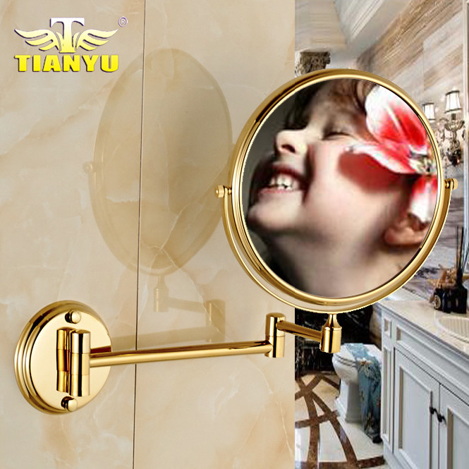 Free hole European gold beauty mirror Bathroom makeup mirror Wall-mounted copper bathroom makeup mirror Double-sided enlarged folding mirror