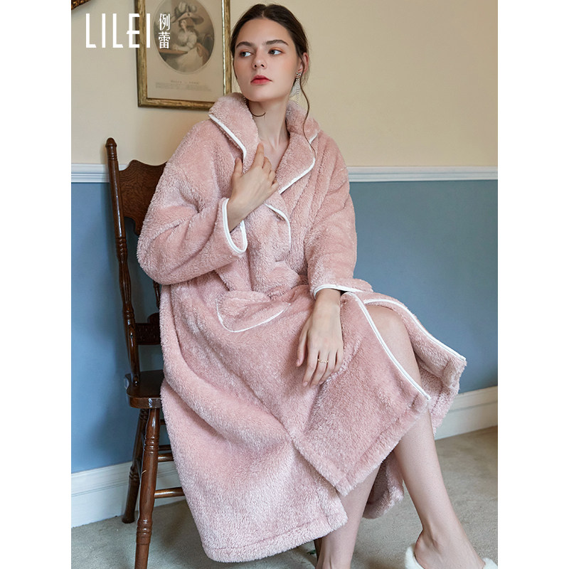 Coral velvet pajamas women's autumn and winter thickened plus velvet nightdress nightgown long version loose can be worn outside the home wear flannel