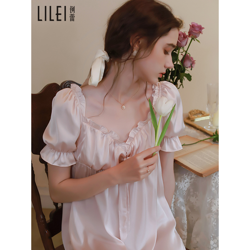 Case Lei short-sleeved nightdress women's summer thin ice silk pajamas new long skirt pure desire palace style sweet home service