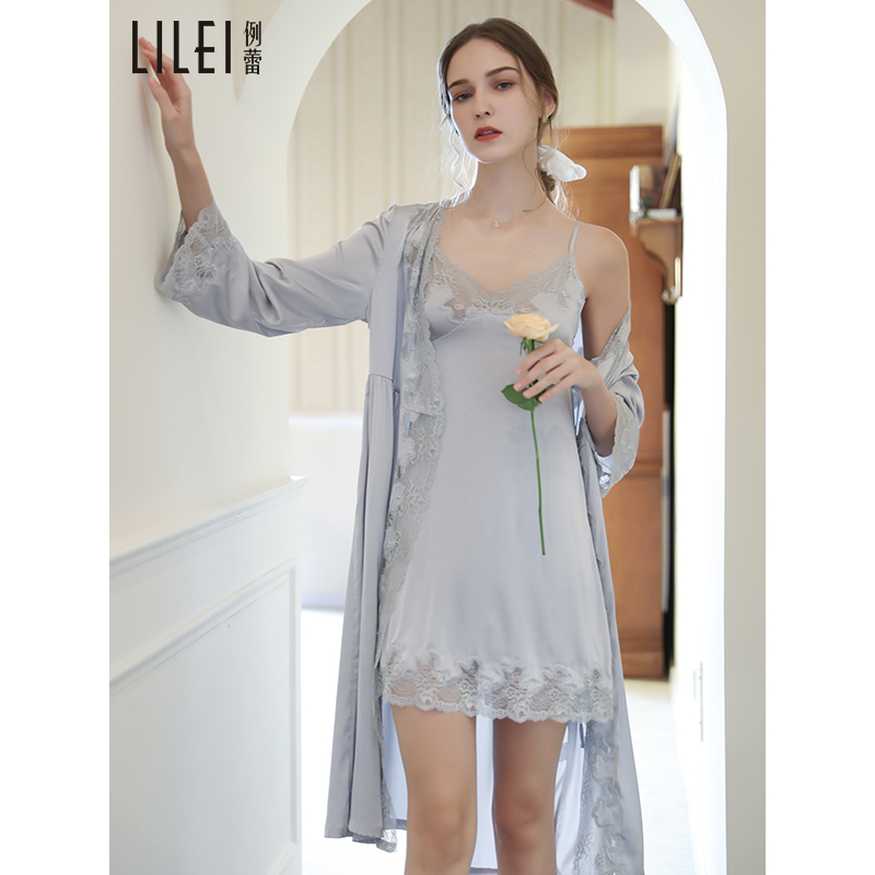 Sexy sleepwear female harnesses two sets of spring and autumn thin sections High level sense lace hollowed-out light and luxurious ice silk sleeping skirt can be worn out