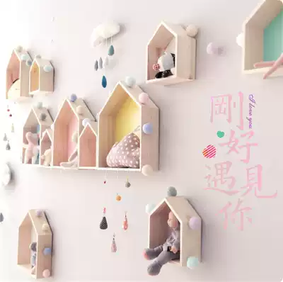 ins Nordic wall shelf Wall solid wood small house rack children's room wall decoration