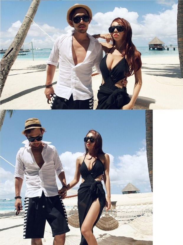Bộ đồ tắm mùa xuân nóng bỏng màu đen phù hợp với cặp đôi đi biển. set đồ đôi đi biển