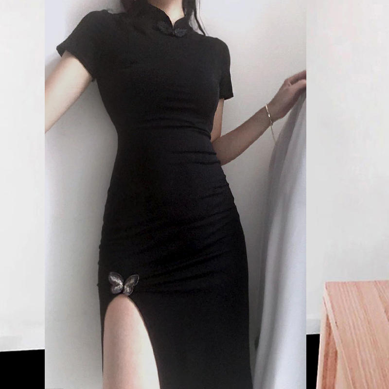 Black sexy long cheongsam, dress, mid-length, with embroidery, hip-accented