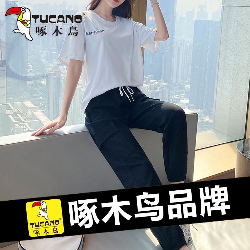 Peck Wood Pure Cotton Fashion Suit Women 2022 New Summer Short Sleeve Sports Clothes Middle School Students Leisure Two Sets Tide 